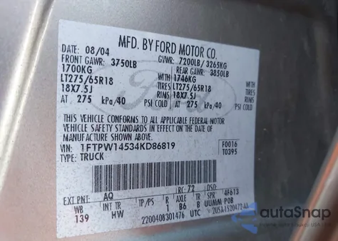 2004 Ford F-150 Fx4/Lariat/Xlt from USA, damaged, VIN 1FTPW14534KD86819